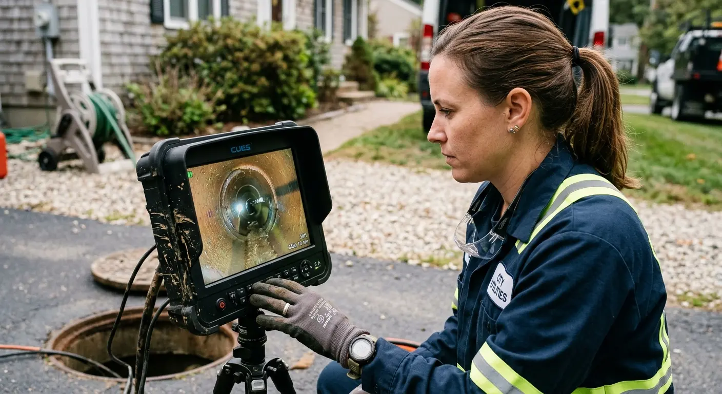 Technician reviewing sewer camera inspection footage in Bellwood