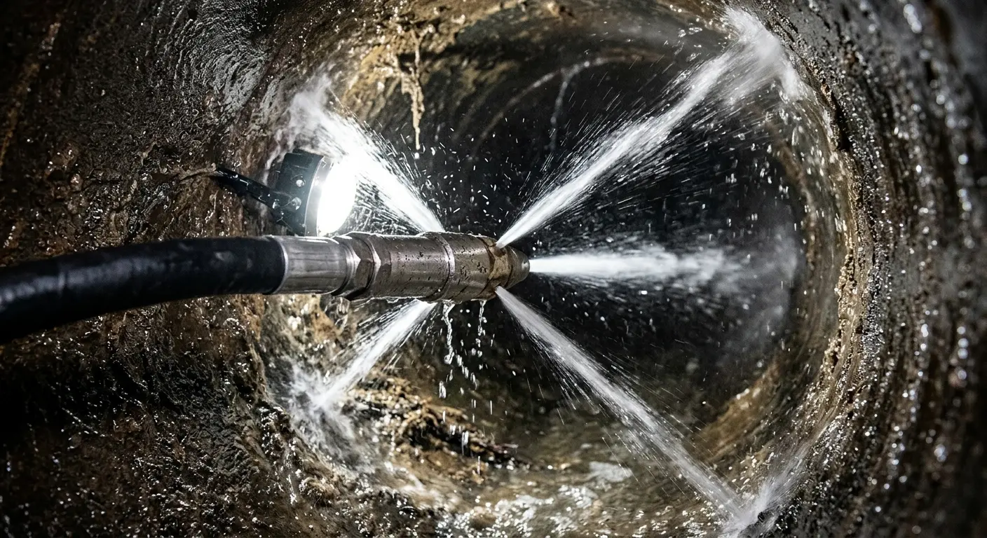 High-pressure hydro jetting nozzle cleaning sewer pipe for Storm Drain Cleaning in Bellwood