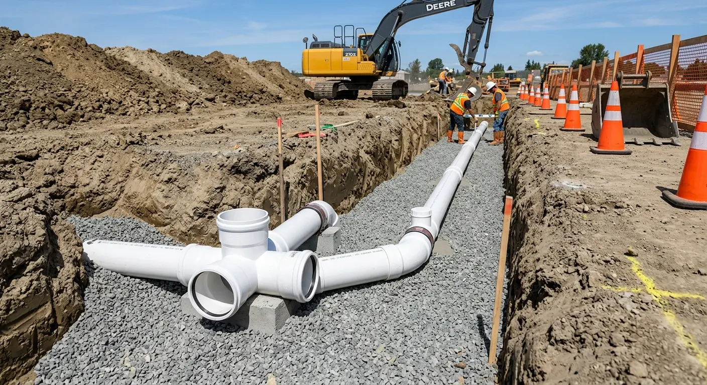 New PVC sewer pipe installation in open trench for Sewer Backup in Bellwood