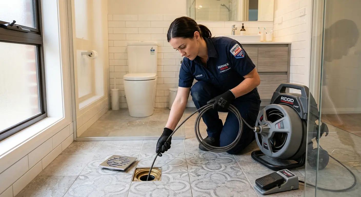 Technician clearing a bathroom floor drain for Drain Cleaning in Bellwood